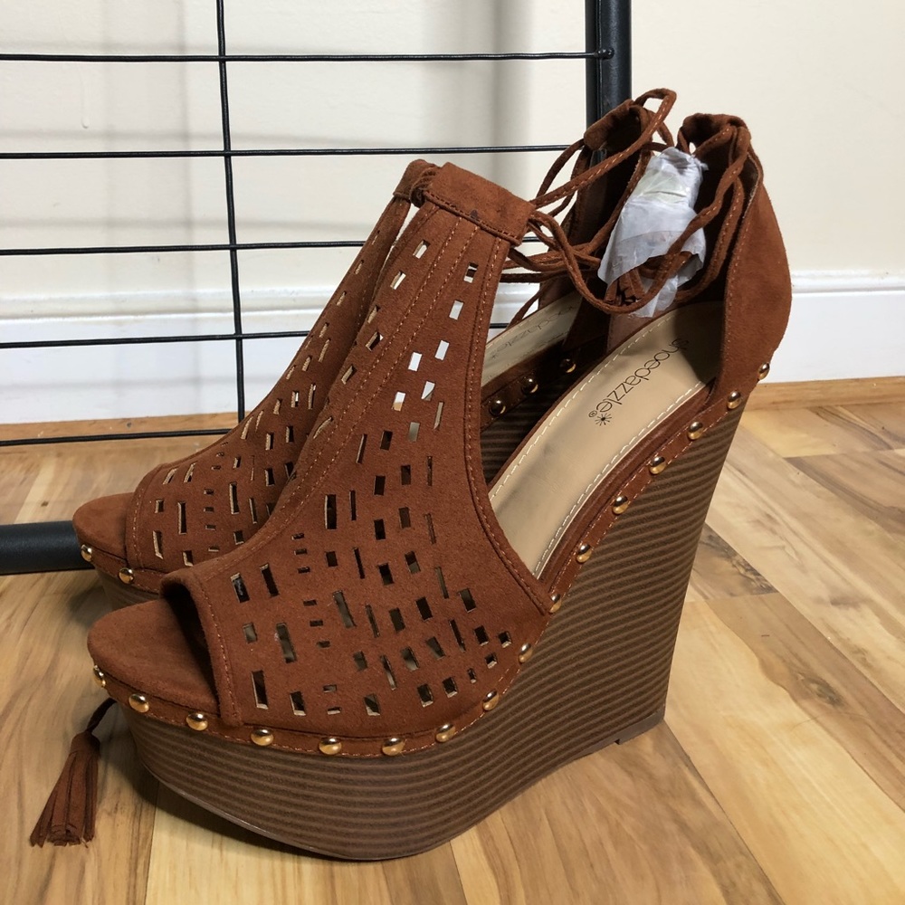 Brown Shoe Dazzle Tall Wedges with Lace-Up Tassel